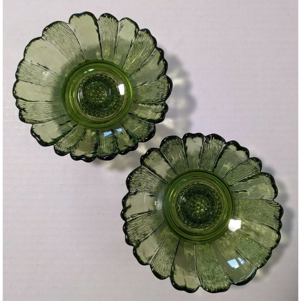 Vintage Lot Of 2 Indiana Glass Candle Holder Textured Green Sunflower Design 5" - Picture 4 of 6
